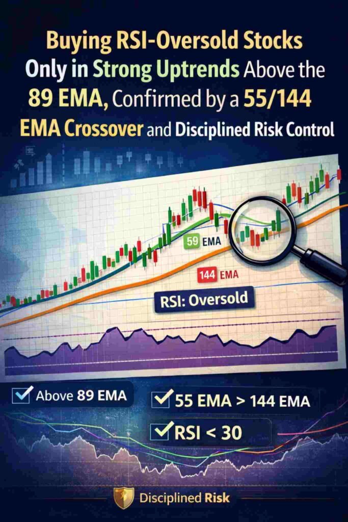 Buying RSI-Oversold Stocks Only in Strong Uptrends Above the 89 EMA, Confirmed by a 55/144 EMA Crossover and Disciplined Risk Control